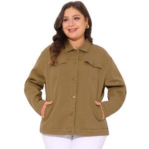 Plus Size Stitching Button Front Washed Denim Jacket Brown